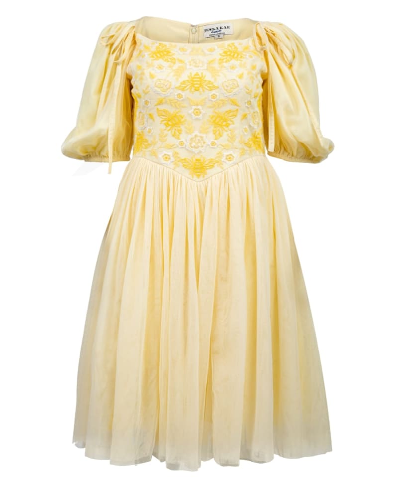 Front of a size 6X Honey Bee Dress in Yellow by JessaKae. | dia_product_style_image_id:352215